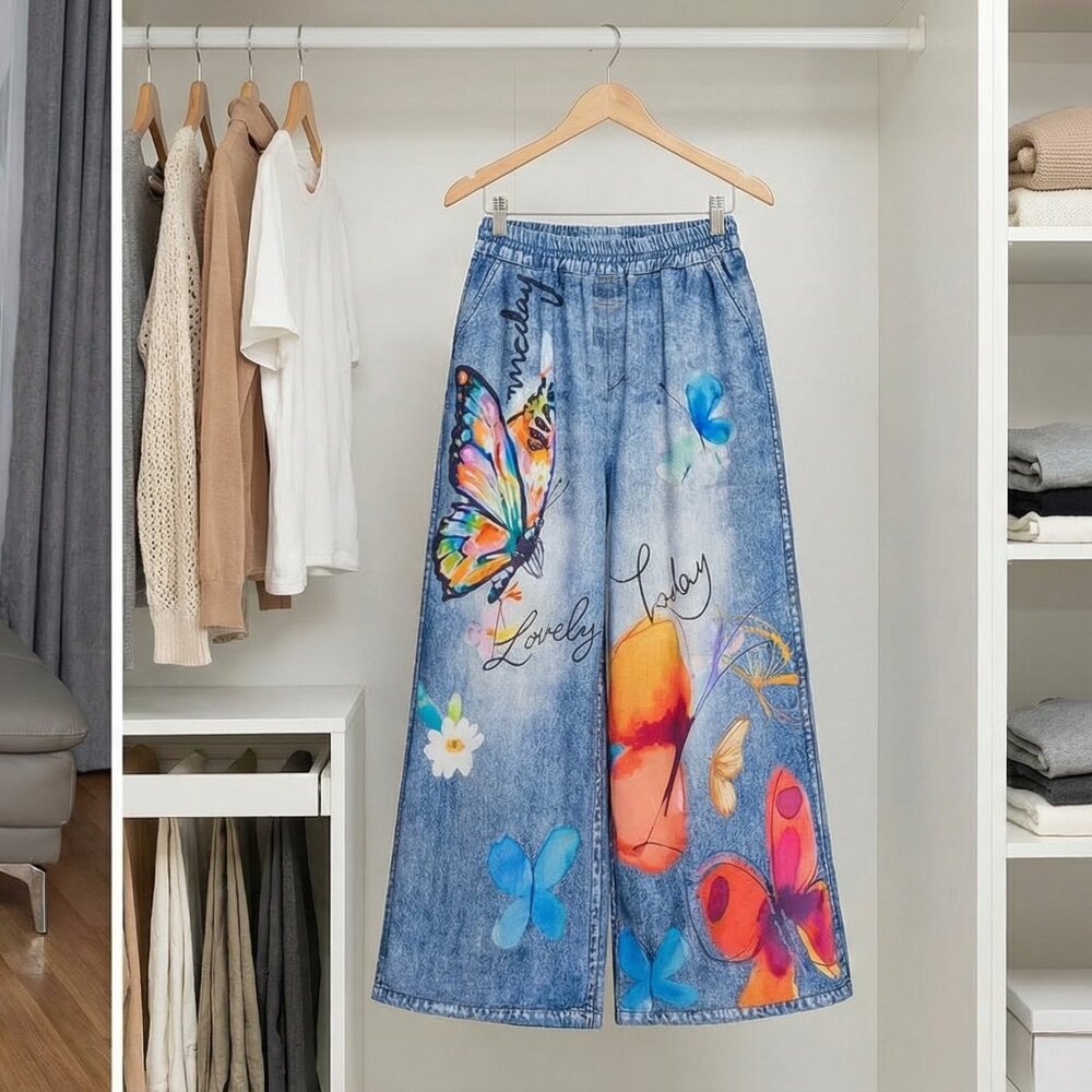 Butterfly Print Knit Denim Wide-Leg Pants | High Waist | Soft Stretch | M - Picture 6 of 14